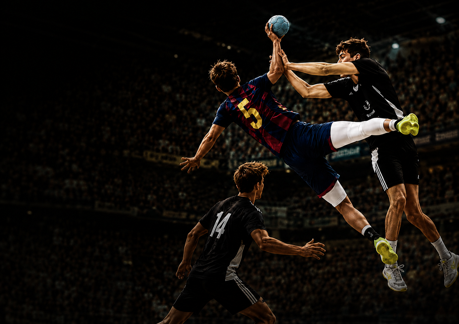 Acción de balonmano con jugadores en el aire disputando el balón