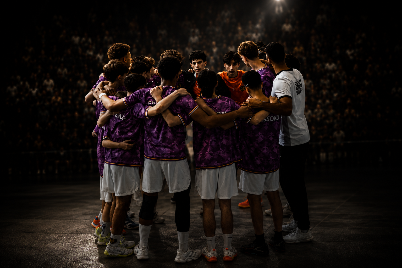 Equipo de balonmano en piña durante un partido